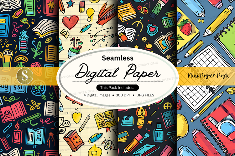 Seamless digital paper pack with school and office supplies