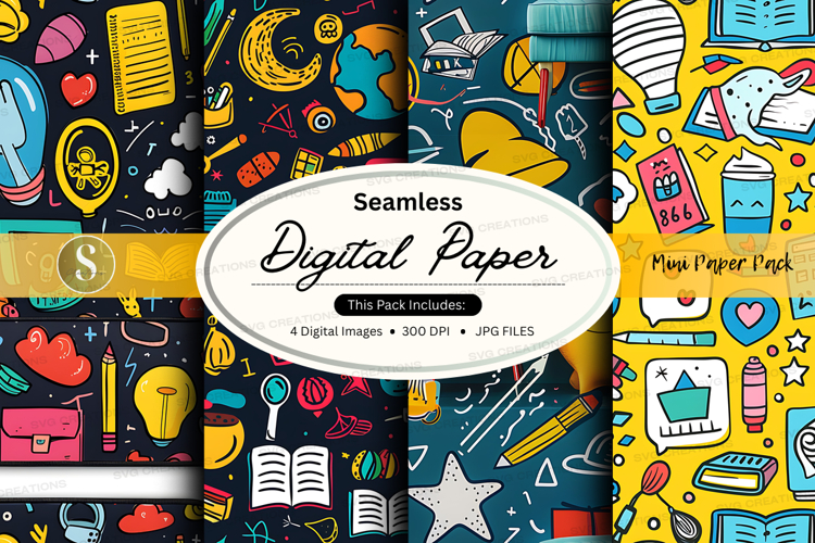 Seamless digital paper pack with stationery and office icons