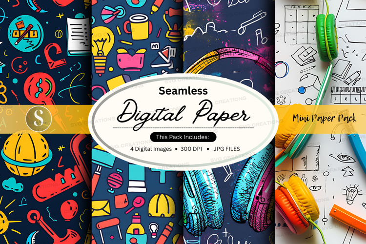 Seamless digital paper pack with school and office supplies