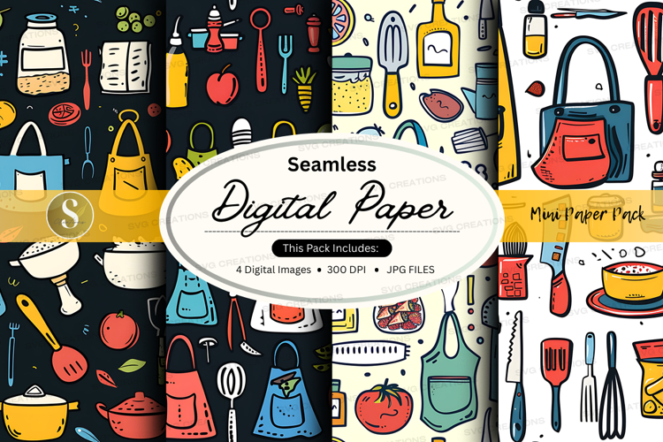 Seamless digital paper pack with kitchen utensils and cookin