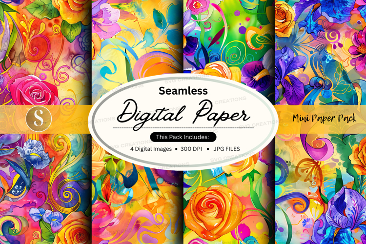 Seamless digital paper patterns with floral watercolor desig