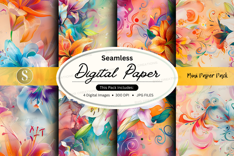 Seamless digital paper pack with watercolor floral patterns