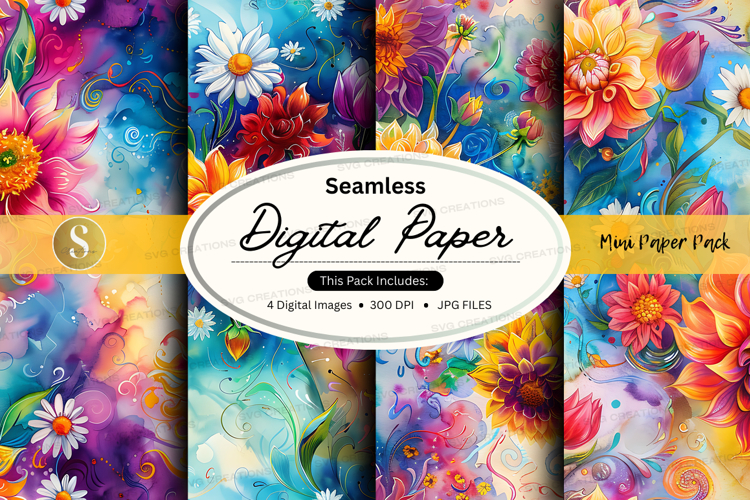 Seamless Watercolor Digital Paper Pack with Floral Patterns