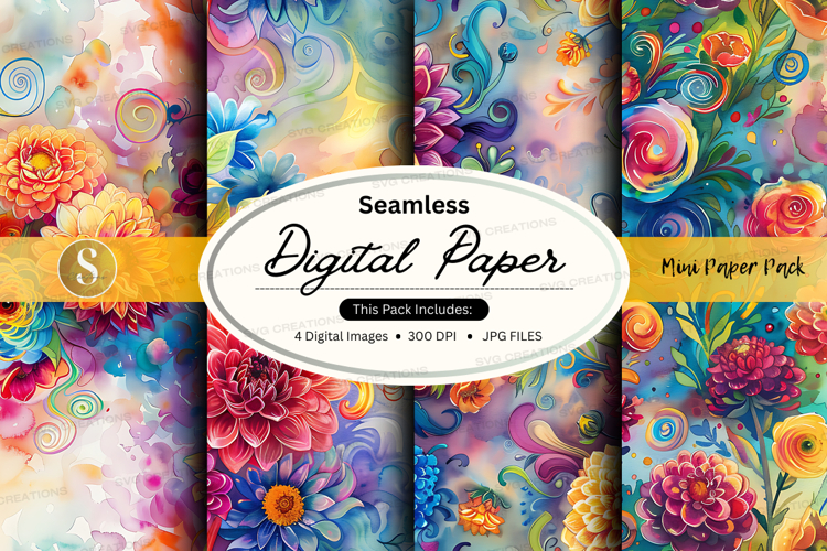 Seamless floral digital paper pack with watercolor textures