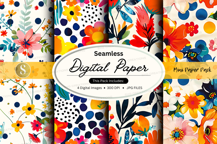 Seamless digital paper pack with floral polka dot patterns a