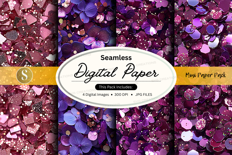 Seamless digital paper pack purple floral texture background