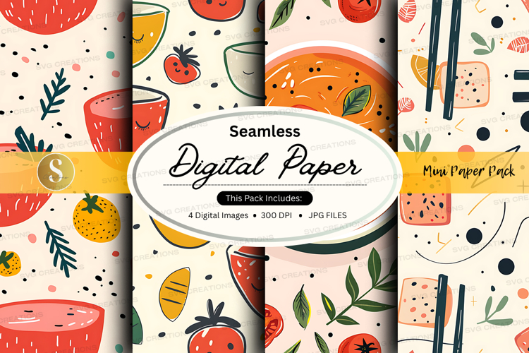 Seamless digital paper pack with fruit and kitchen patterns