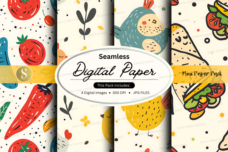 Seamless digital paper patterns summer fruits veggies cute