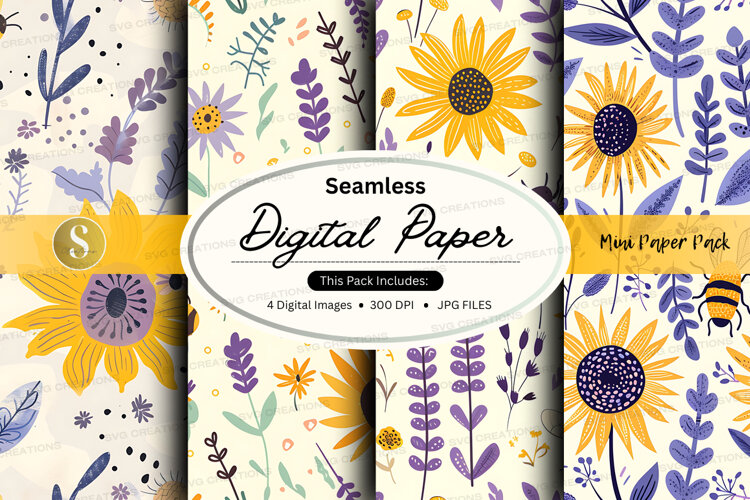 Seamless floral digital paper pack vintage purple yellow
