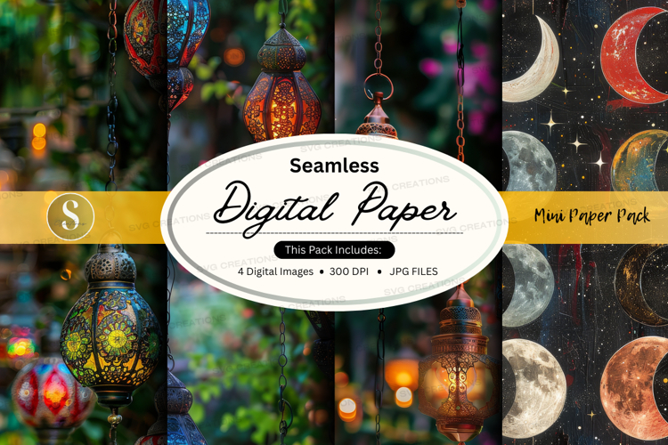 Seamless digital paper pack with floral and moon textures