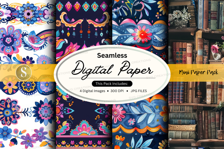 Seamless digital paper patterns floral boho vintage design