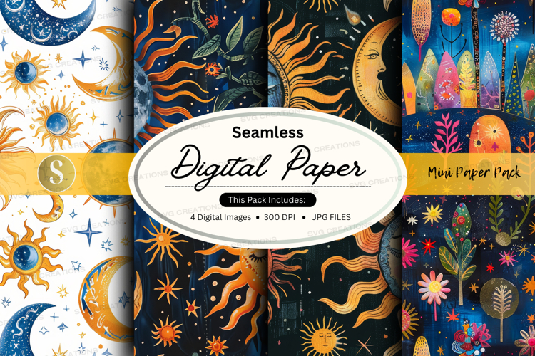 Seamless digital paper textures pack with cosmic floral desi