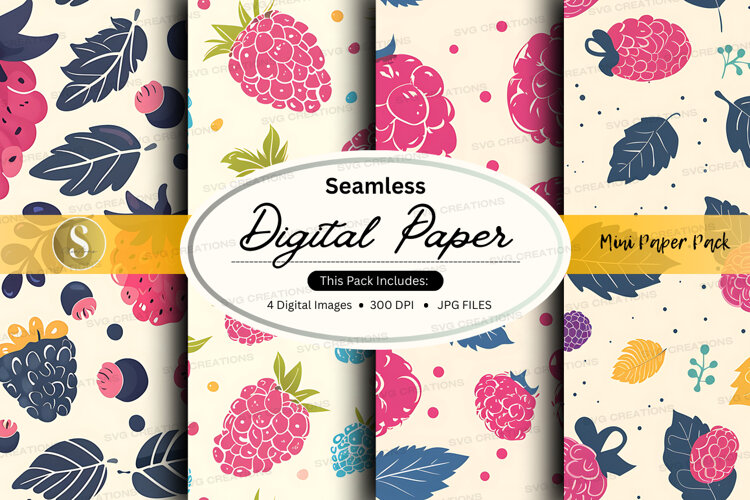 Seamless floral digital paper pack with raspberry and leaves