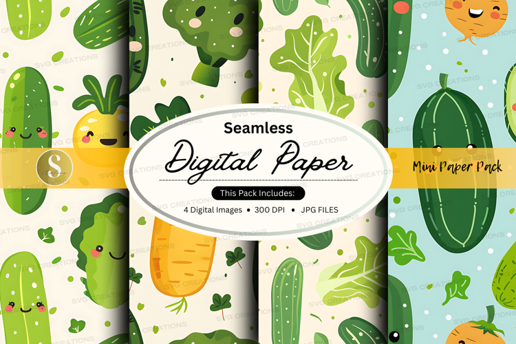 Seamless digital paper pack with cactus and avocado patterns