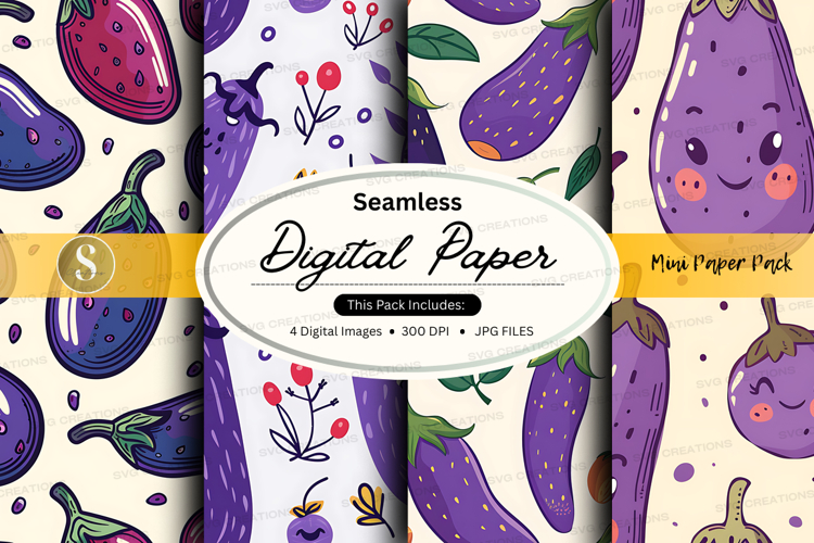 Seamless digital paper pack with eggplant and floral pattern