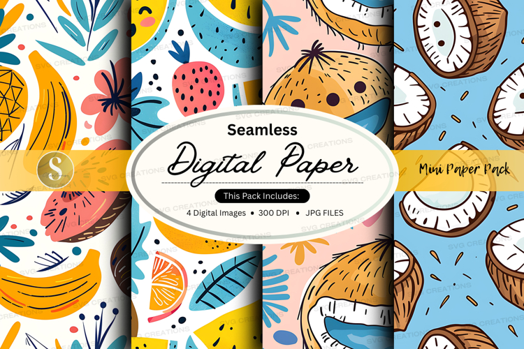 Seamless tropical digital paper pack with fruits and pattern