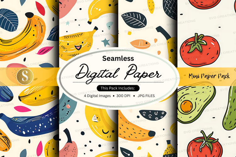 Seamless digital paper pack with fruits and emojis