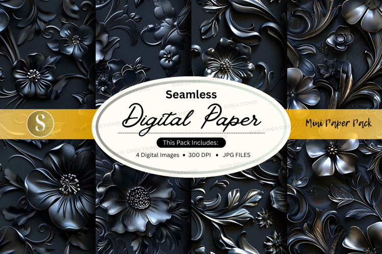Seamless black floral digital paper texture background