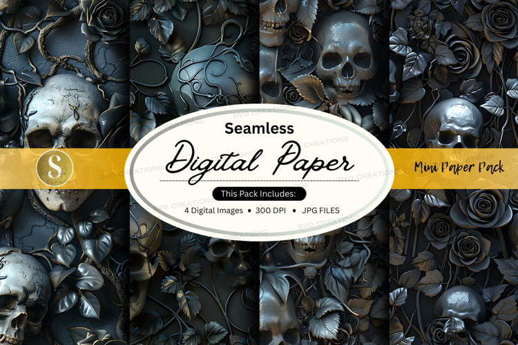 Seamless black floral digital paper texture with skulls and