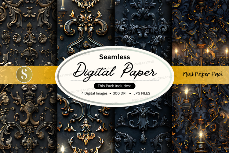 Seamless dark digital paper texture with ornate gold pattern
