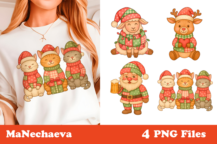 Christmas Patchwork Clipart | Santa Cat Sublimation