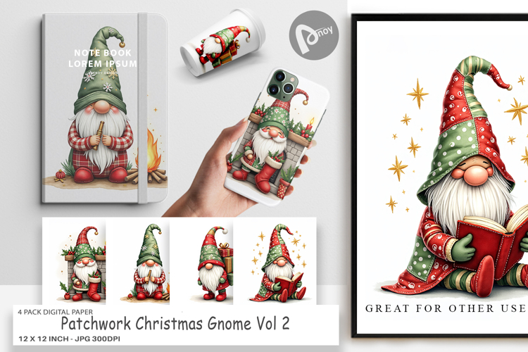Patchwork Christmas Gnome Digital Paper