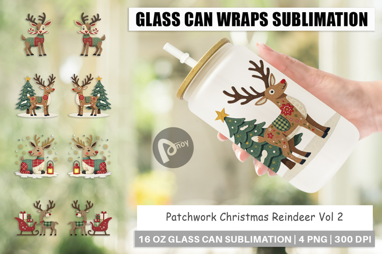Glass Can Patchwork Reindeer