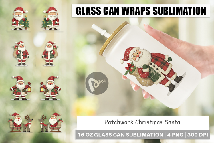 Glass Can Patchwork Santa