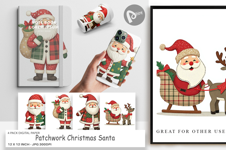 Digital Paper Patchwork Santa