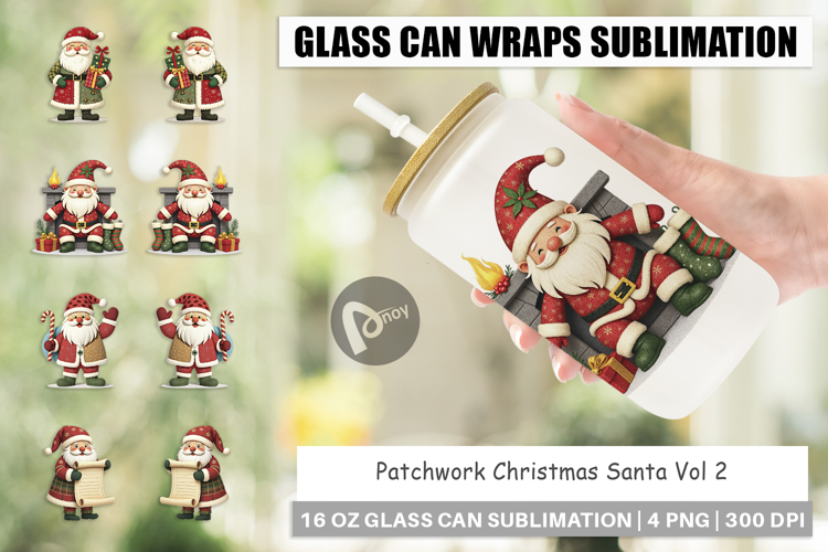 Glass Can Patchwork Santa