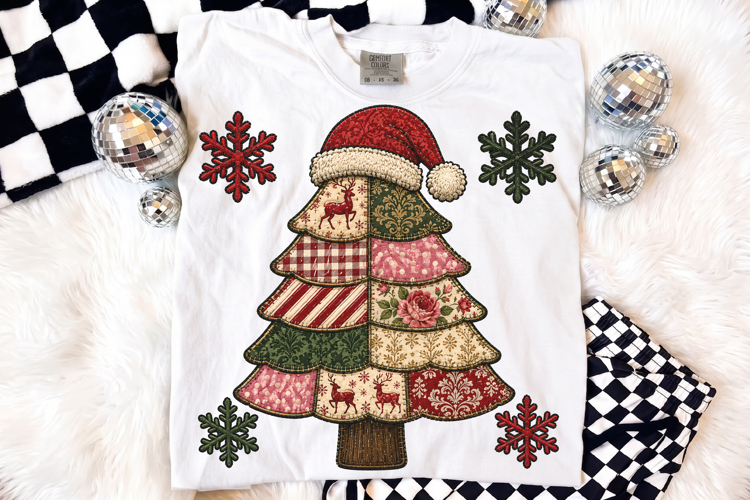 Patchwork Christmas Tree PNG, Stitched Fabric Holiday Design