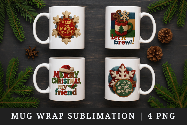Patchwork Christmas mug wrap printable sublimation design
