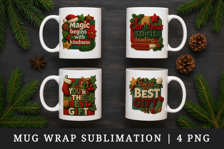 Patchwork Christmas mug wrap printable sublimation design