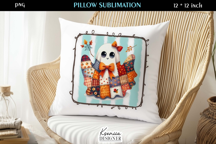 Patchwork Ghost Pillow Sublimation Design Fall Halloween