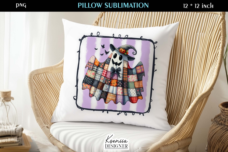Patchwork Ghost Pillow Sublimation Design Fall Halloween