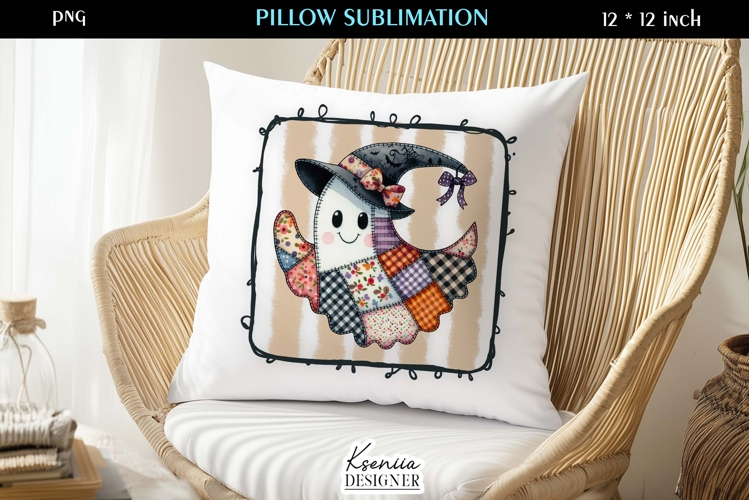 Patchwork Ghost Pillow Sublimation Design Fall Halloween