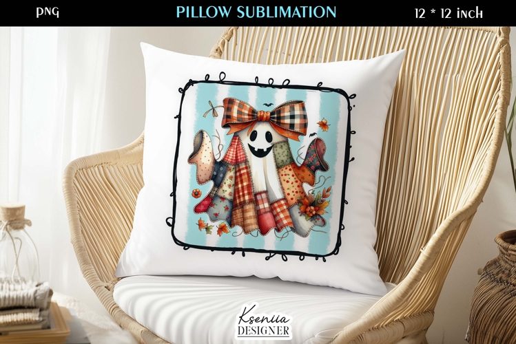 Patchwork Ghost Pillow Sublimation Design Fall Halloween