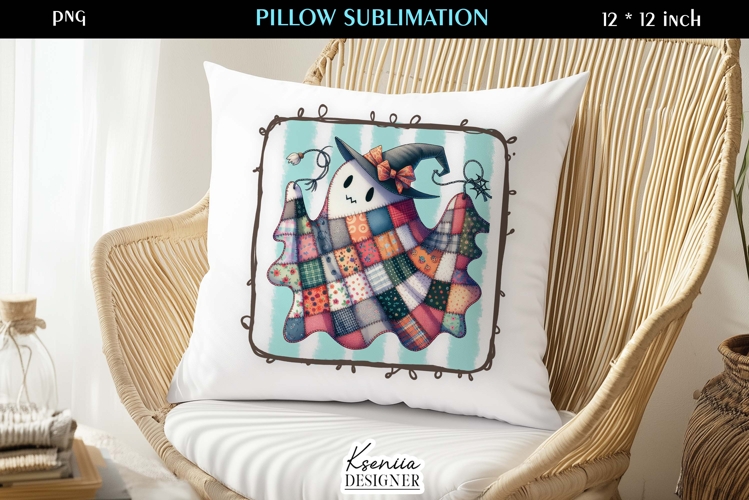 Patchwork Ghost Pillow Sublimation Design Fall Halloween