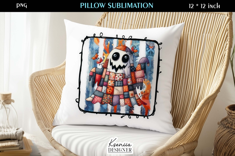 Patchwork Ghost Pillow Sublimation Design Fall Halloween