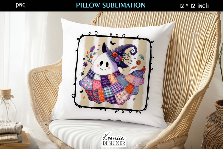 Patchwork Ghost Pillow Sublimation Design Fall Halloween