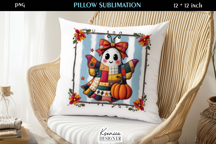 Patchwork Ghost Pillow Sublimation Design Fall Halloween