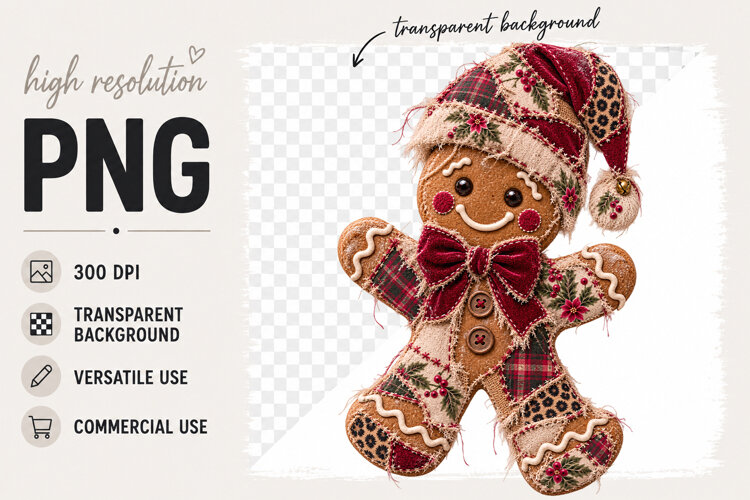 Gingerbread Man png, Patchwork Christmas png example image 1