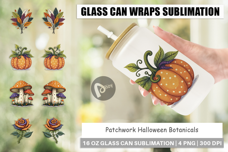 Glass Can Patchwork Halloween Botanicals