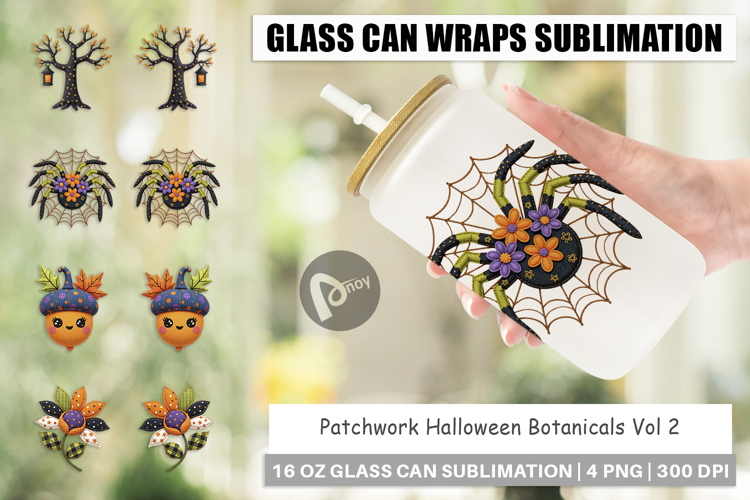 Glass Can Patchwork Halloween Botanicals