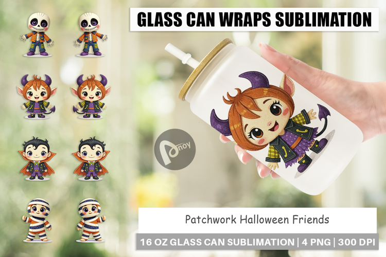 Glass Can Patchwork Halloween Friends
