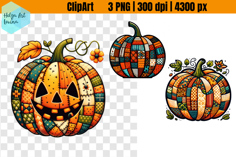 Patchwork Pumpkins, Fall Clipart, Autumn PNG