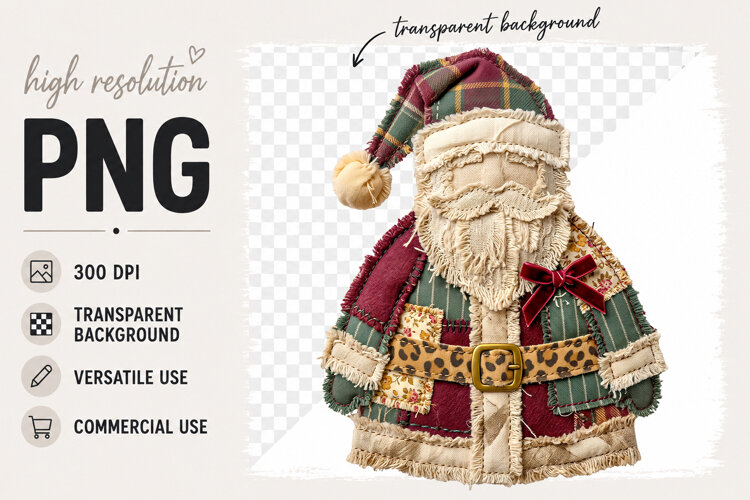 Patchwork Santa, Folk Christmas Faux Embroidery png example image 1