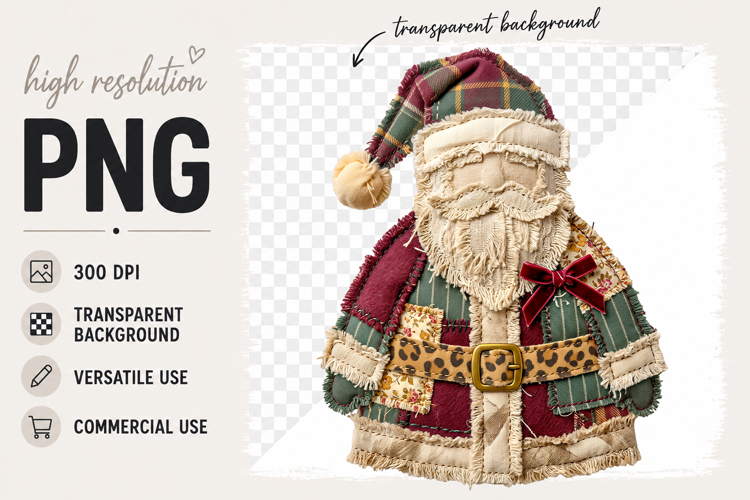 Patchwork Santa, Folk Christmas Faux Embroidery png