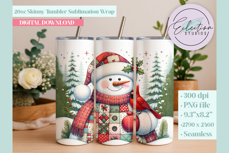 Quilted Christmas Snowman Cardinal Seamless Tumbler Wrap