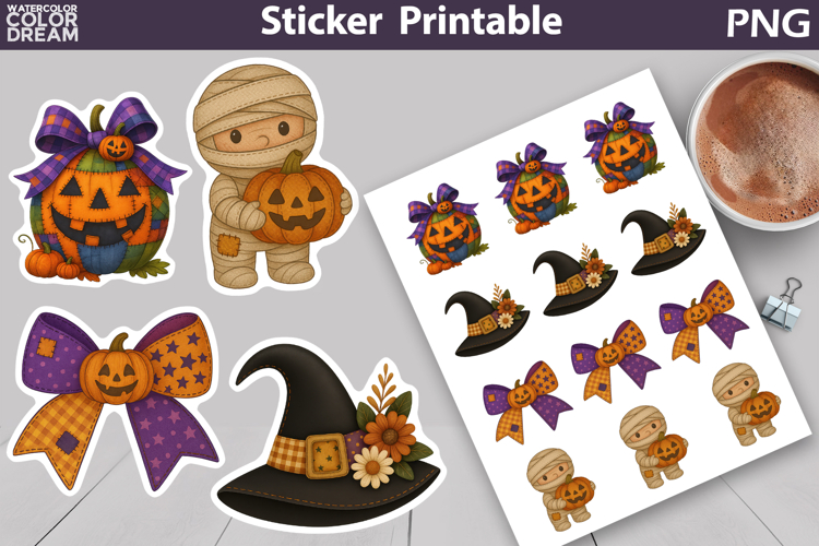 Patchwork Halloween Sticker | Pumpkin Bow Witch Hat Mummy